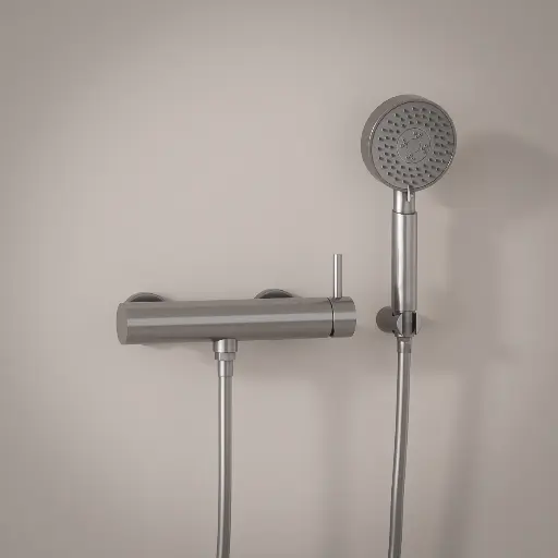 Mitigeur douche externe, crochet et douchette ronde, inox brossé, Châtelet