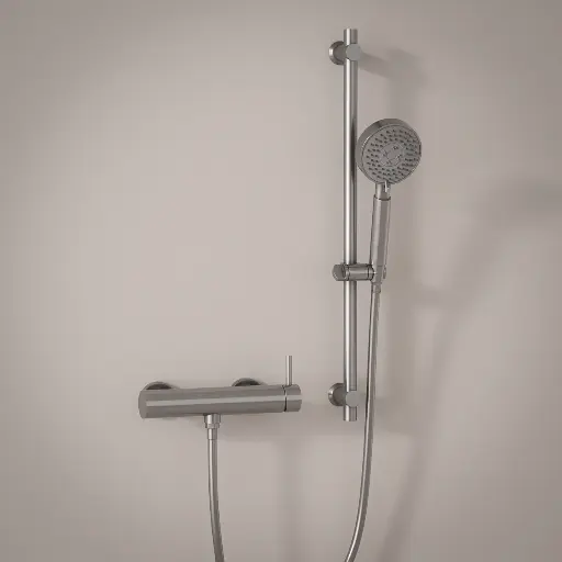 Mitigeur douche externe, barre et douchette ronde, inox brossé, Châtelet 