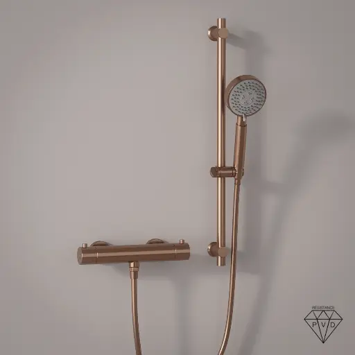 Mitigeur douche Thermostatique externe, barre et douchette ronde, Doré Rose brossé, Chatelet