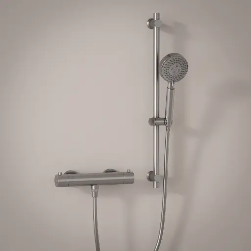 Mitigeur douche Thermostatique externe, barre et douchette ronde, Inox brossé, Chatelet