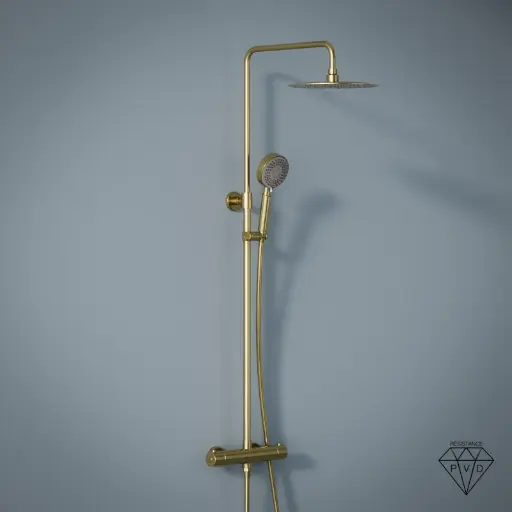 Colonne de douche avec mitigeur thermostatique, Ø25cm, doré brossé, douchette ronde, Châtelet 