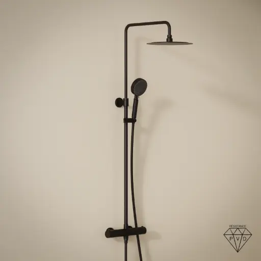 Colonne de douche avec mitigeur thermostatique, Ø25cm, noir brossé, douchette ronde, Châtelet III 