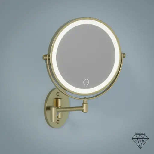 Miroir cosmétique grossissant mural rond 2 faces, Leds rechargeables, Doré brossé, Elena